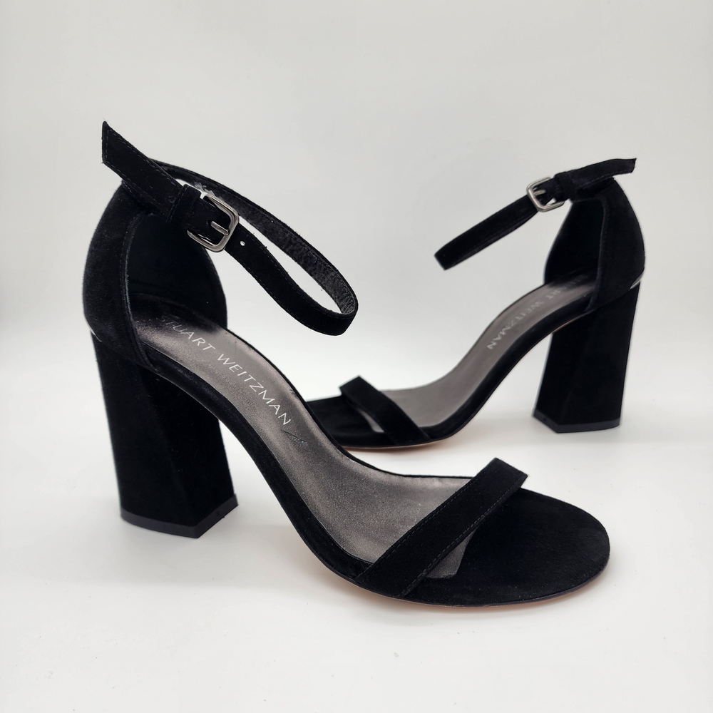 Stuart Weitzman Black Suede Block Heel Sandals Ankle Strap Size 6